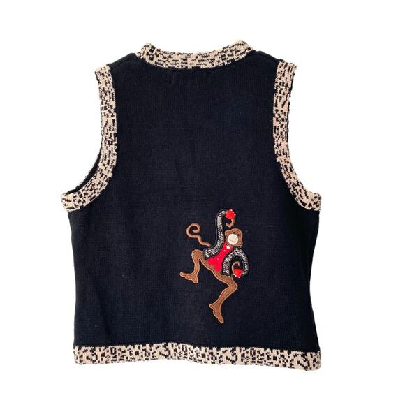 Vintage Bell Pointe 90s MonkeyEmbroidered Sweater Black Vest Tan size small - Picture 6 of 8